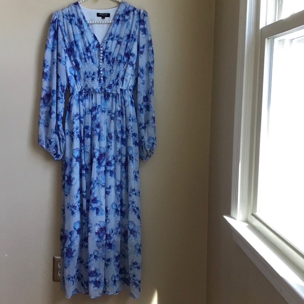 Beulah Style Blue Floral Shirred Sheer Maxi Dress Small - Picture 2 of 12